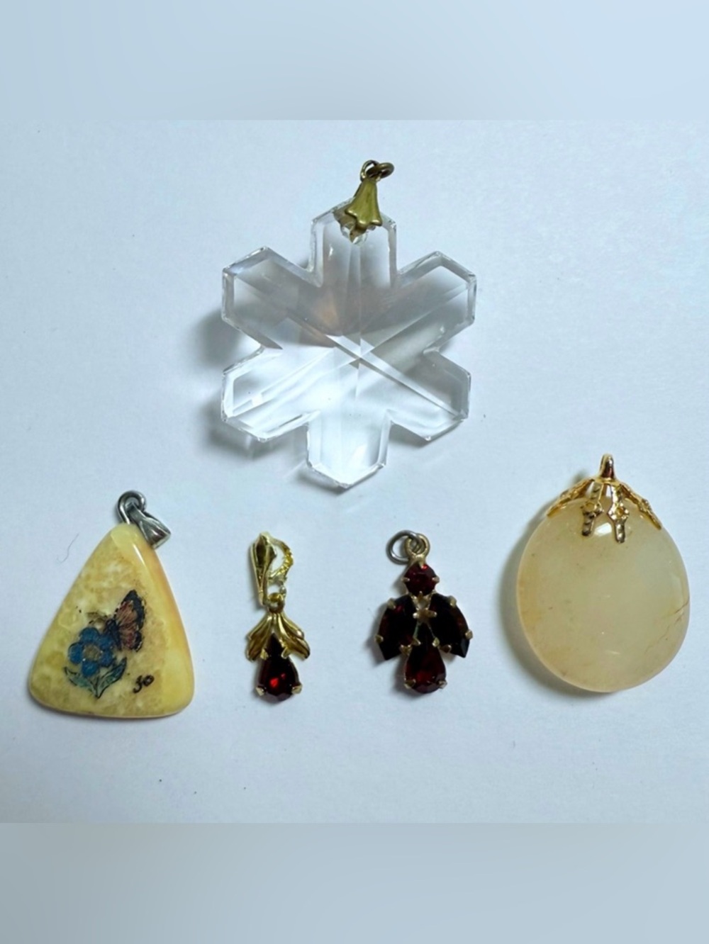 ⁠Vintage Estate Pendant Lot of 5: Red Rhinestone Crystal Snowflake Stone Cabocho